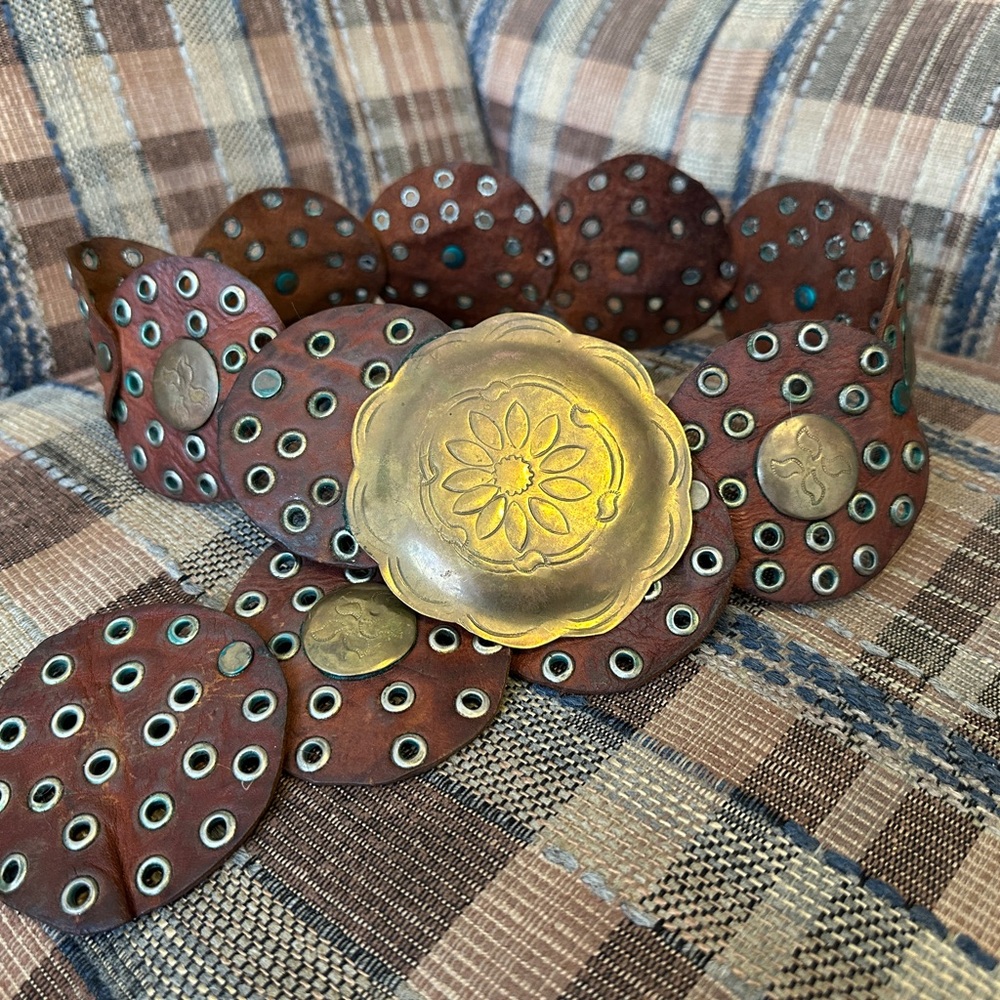 Vintage Laise Adzer Brass and Leather Concho Belt - Moroccan Boho